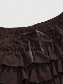 ROMWE Kawaii Pantalones cortos con parches de encaje de unicolor, decorados con lazos multicapa - Marrón - Ver 4