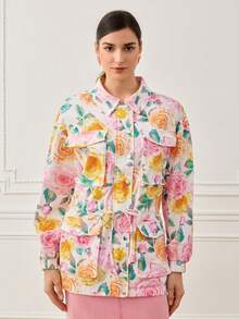 LOTSLUV Women's Loose Fit Long Sleeve Floral Print Jacket With Pockets, Drawstring Waist And Button Front Closure,Women's Denim Jacket,Women's Coat,Elegant Coats Women,Vacation Coat - White - View 3