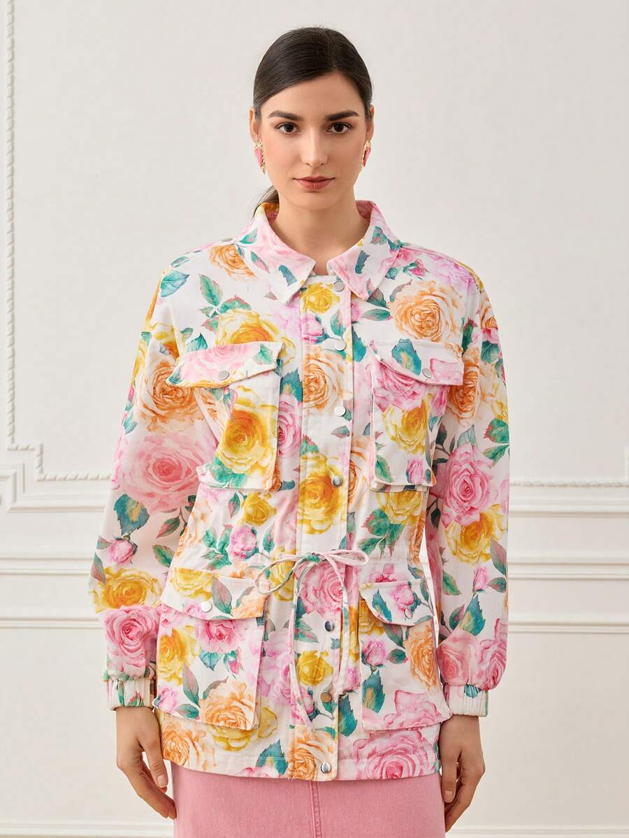 LOTSLUV Women's Loose Fit Long Sleeve Floral Print Jacket With Pockets, Drawstring Waist And Button Front Closure,Women's Denim Jacket,Women's Coat,Elegant Coats Women,Vacation Coat - White - View 1