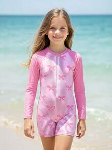 Tween Girls' One-Piece Swimsuit, Pink Striped Bow Print Long Sleeve Zipper, Suitable For Swimming, Summer Vacation, Beach - Pink - View 8