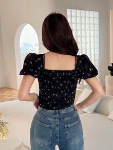 Feyla 女士碎花蕾丝边饰花瓣袖时尚衬衫 - 彩色 - 查看 2