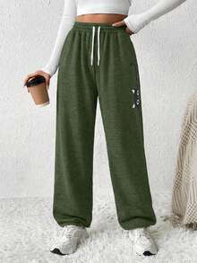 EURMUSE Pantalones de chándal holgados con estampado de gato de dibujos animados para mujer de talla grande - Verde militar - Ver 1