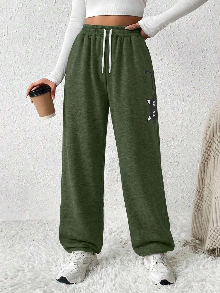 EURMUSE Pantalones de chándal holgados con estampado de gato de dibujos animados para mujer de talla grande - Verde militar - Ver 1