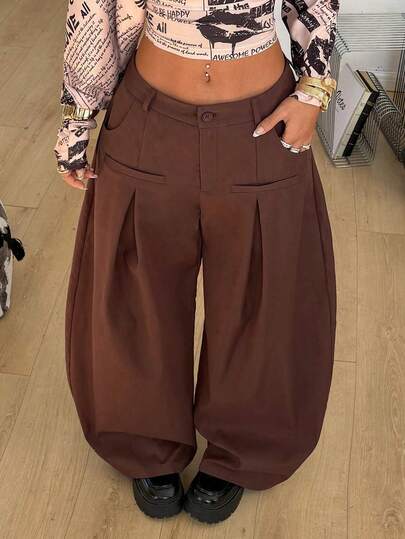 Coolane Pantaloni casual vintage da donna per la primavera, stile casual chic, neri, adatti per andare a scuola, per uscire, oversize, a vita bassa, con orlo curvo a banana