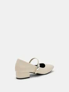 女士3厘米布面包跟黑色时尚百搭藏蓝色、咖啡色、酒红色低跟粗跟优雅玛丽珍平底鞋 - 杏色 - 查看 11