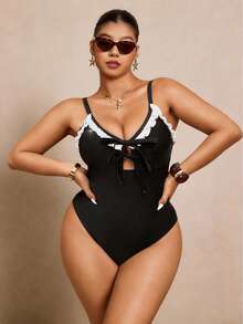 Elaquor Áo tắm liền thân cỡ lớn phối màu xếp nếp, thích hợp cho kỳ nghỉ và đi biển. - màu đen - Xem 1