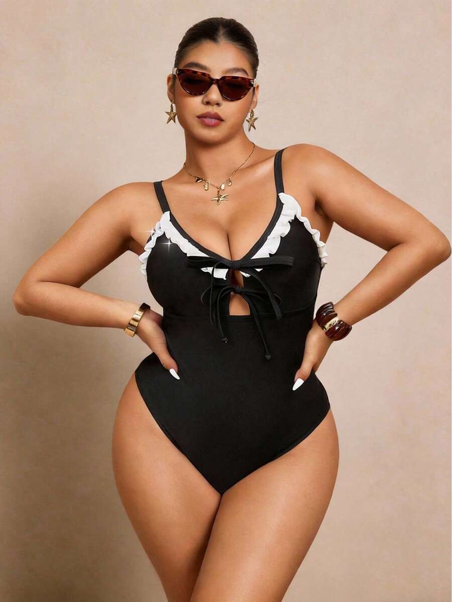 Elaquor Áo tắm liền thân cỡ lớn phối màu xếp nếp, thích hợp cho kỳ nghỉ và đi biển. - màu đen - Xem 1