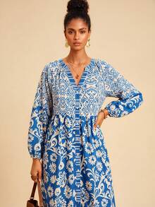 Travachic 女士休闲度假印花开衩连衣裙，秋季 - 藍色 - 查看 1