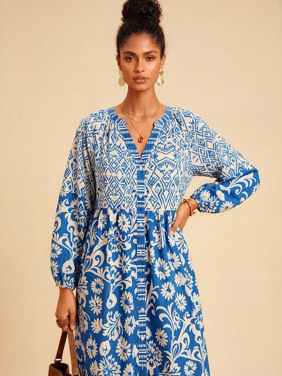 Travachic 女士休闲度假印花开衩连衣裙，秋季 - 藍色 - 查看 1