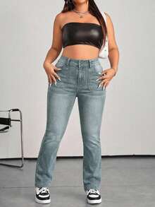 SHEIN Cottnline سراويل جينز ذات خصر عالي وجيوب للنساء كبيرات الحجم، متعددة الاستخدامات وواسعة القدم - ازرق ضبابي - مشاهدة 3