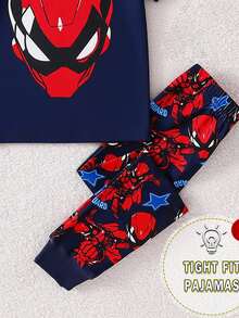 1set Young Boy Snug Fit Spider & Superhero Graphic Print Round Neck Short Sleeve Pajama Set, Spring/Summer - Royal Blue - View 4