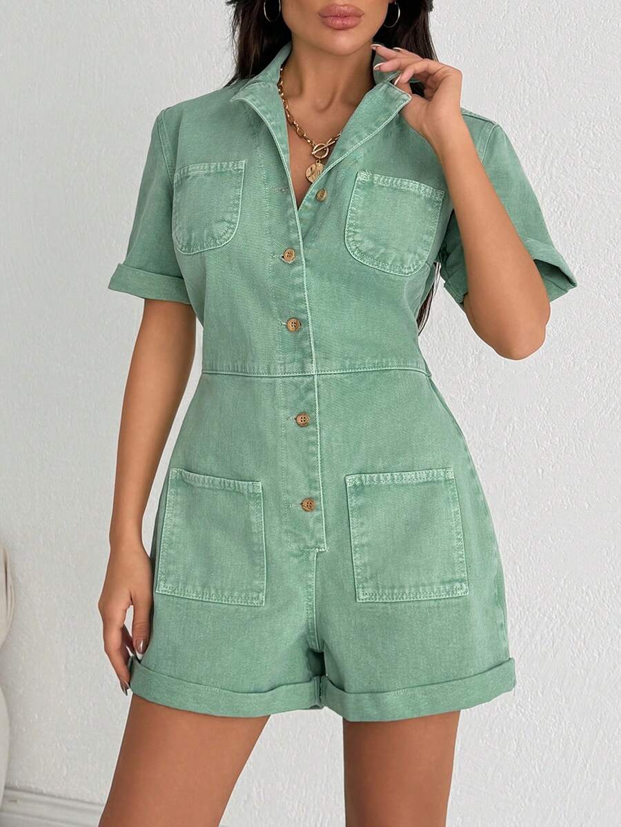 SHEIN Front Button Casual Style Green Rinse Wash Regular Fit Folded Hem Denim Jumpsuit - Green - View 1