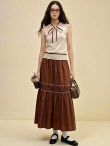 Spring/Summer New Brown Adjustable Elastic Waist Ruched Layered A-Line Skirt, Retro College Style For Commuting - Rust Brown - View 2
