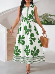 SHEIN Lady Women's Elegant Floral Print Button-Up Sleeveless Dress, Summer - Multicolor - View 3