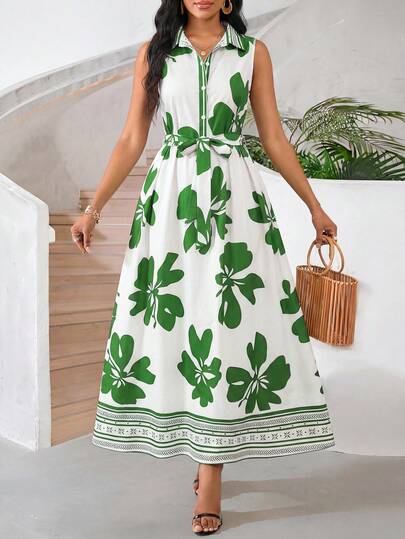 SHEIN Lady Women's Elegant Floral Print Button-Up Sleeveless Dress, Summer