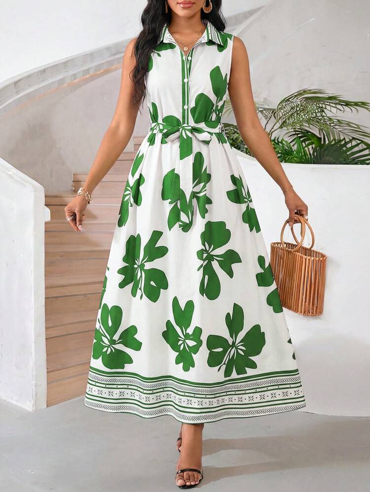 SHEIN Lady 女士优雅印花纽扣无袖连衣裙，夏季 - 彩色 - 查看 3