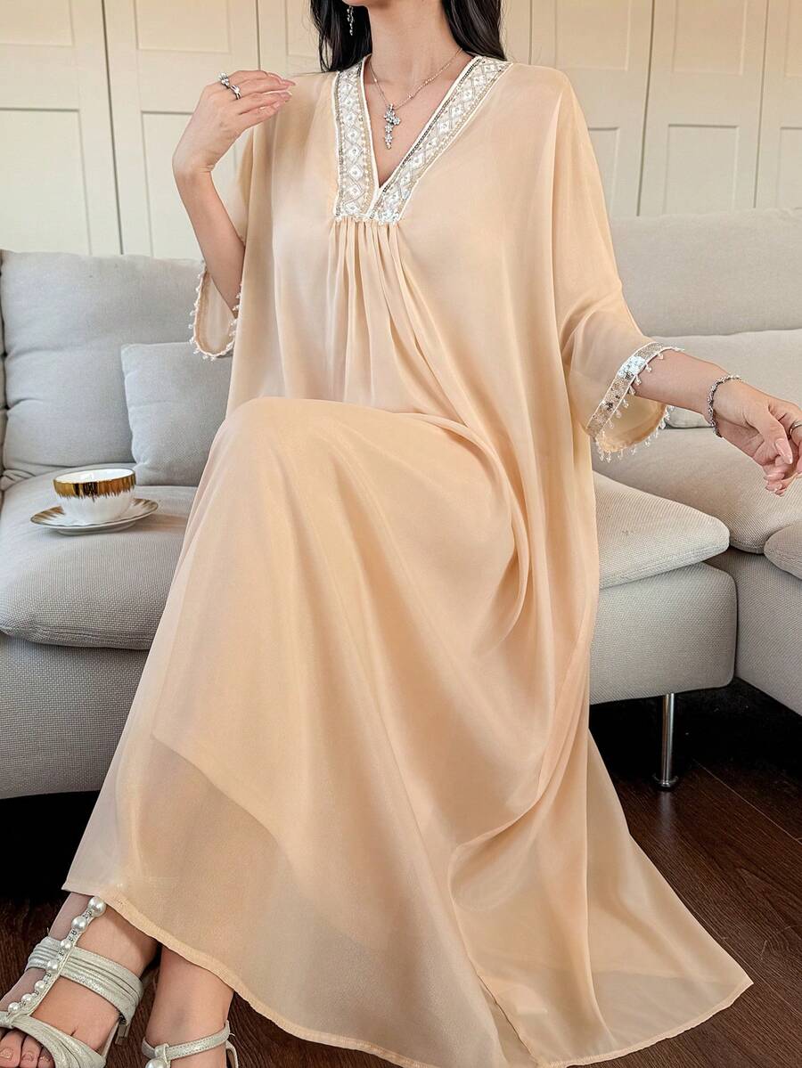 DAZY 水钻镶边V领宽松长款睡袍，优雅派对睡袍，女士夏季款 - 杏色 - 查看 1