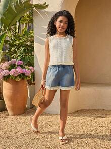 女童休闲度假针织修身吊带背心，夏季细肩带上衣，柔软修身，时尚设计，适合度假、旅行、校园和日常穿着 - 白色 - 查看 4