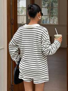 Muchica 女士夏季新款纹理条纹 Polo 领长袖 T 恤和短裤套装 - 杏色 - 查看 2