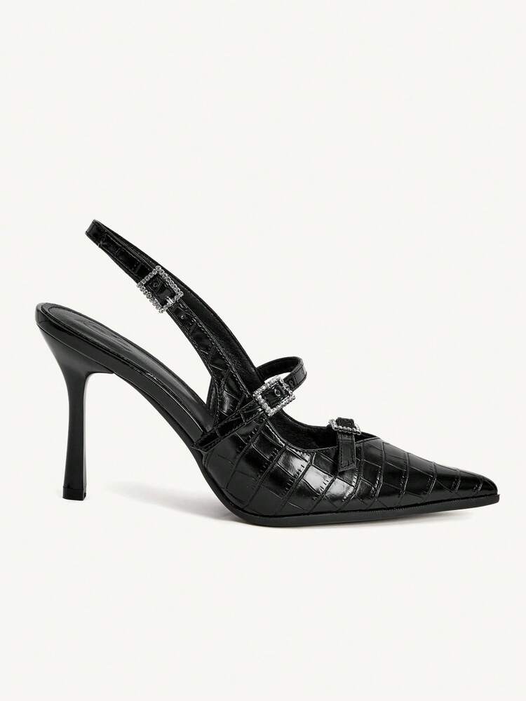 CUCCOO CHICEST Women Shoes Black Crocodile Pointed Toe, Stiletto Rhinestone Square Buckle, Sexy And Elegant Dinner Commuter Elegant Shoes Wedding Shoes Spring Shoes Bride Shoes