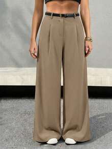 SHEIN PETITE 女士黑色纯色阔腿裤，配腰带，休闲阔腿裤，适合娇小身材 - 棕色 - 查看 2