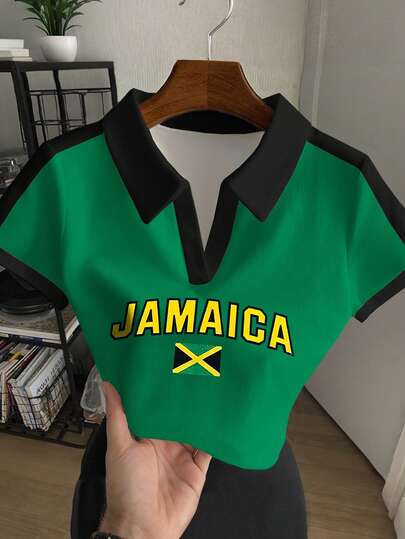 Rovax Women's Letter Print Contrast Color Polo Collar Short Sleeve Casual Top