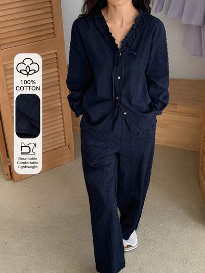 DAZY 可爱波点纹理面料褶皱荷叶领女士睡衣套装