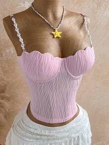 Soleia Women's Vacation Romantic Summer Molded Cup Shell Bra Underwire Supportive Pearl Strap Camisole Top, Casual, Date, Valentine's Day, Afternoon Tea, Beach, Cruise, Road Trip, Music Festival, Party, Boho, Hippie, Western, Versatile, All Season, Daily Commute - Pink - View 4