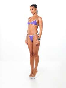 SUMWON WOMEN Women's Purple Silver Contrast Binding Studded Triangle Bikini Set Two Piece Swimwear Beach Summer Vacation Pool Party Swimsuit - Purple - View 5