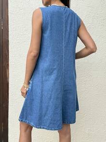 Sunnyshic Fashionable Turndown Collar Washed Casual Denim Dress - Medium Wash - View 9