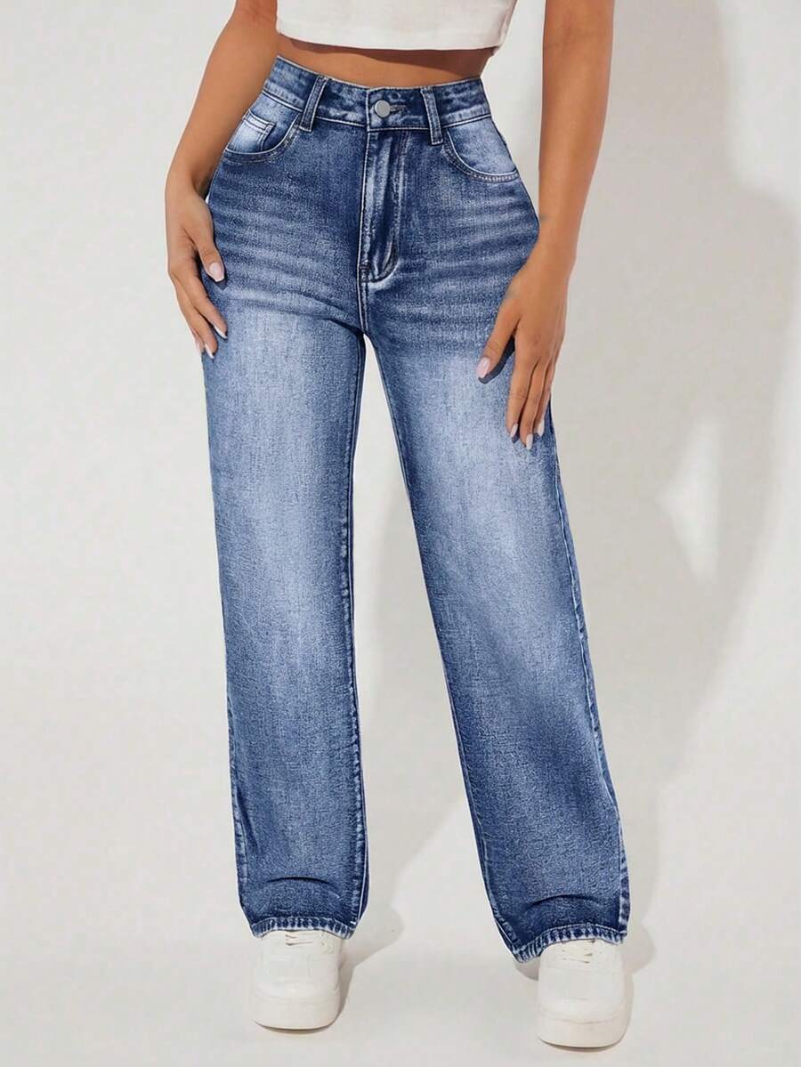 SHEIN PETITE Celana Jeans Denim Wanita Kasual Pinggang Tinggi Potongan Lurus, Serbaguna untuk Perjalanan Sehari-hari, Wanita Bertubuh Mungil - Medium Wash - View 1