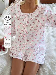 DAZY Conjunto de pijama de mujer con volantes en el bajo y estampado floral diminuto de verano - Blanco - Ver 7