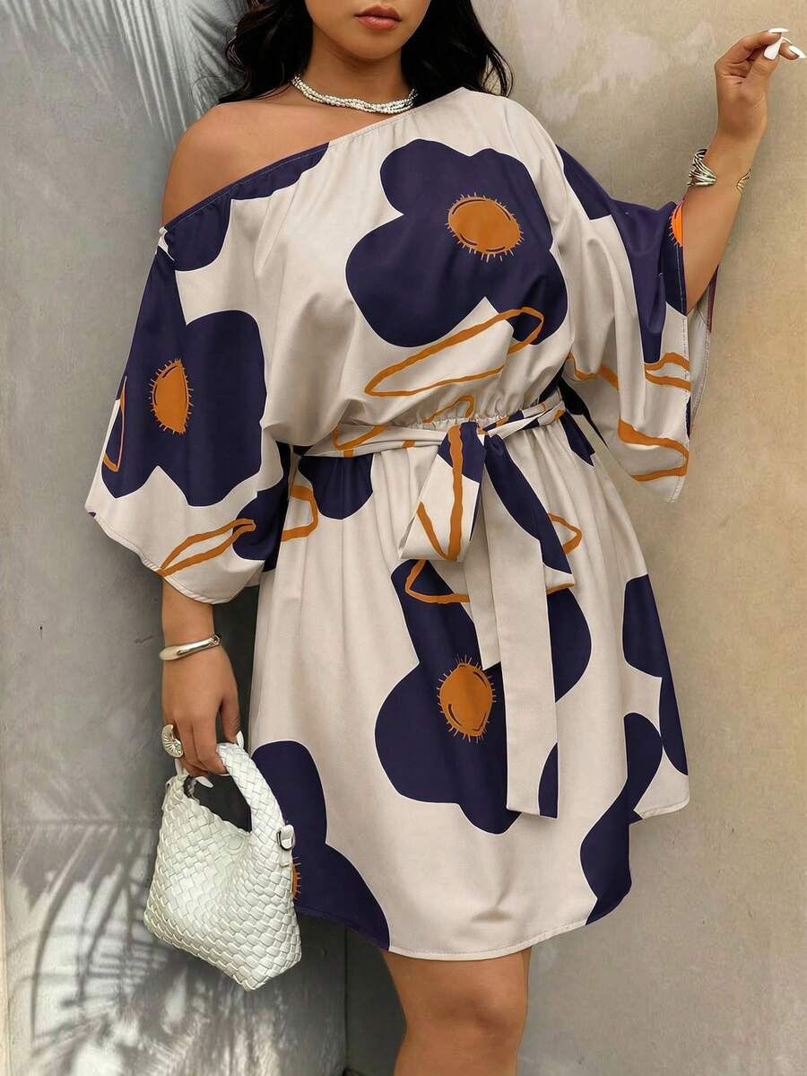 SHEIN LUNE Plus Size Women Floral Print Asymmetrical Shoulder Casual Vacation Dress - Multicolor - View 1
