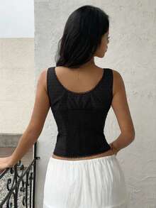 Sunnyshic Women's Fashion Casual 100% Cotton Lace Patchwork Camisole - Black - View 2