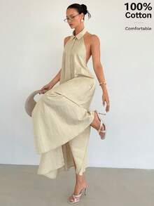 Siren Gaze 女士纯色宽松衬衫裙，无袖，不对称肩部设计，前开襟纽扣衬衫裙，休闲连衣裙，适合度假穿着 - 杏色 - 查看 4