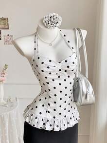 Comfortcana Women's Sweet Polka Dot Print Ruffle Hem Halter Top - White - View 6