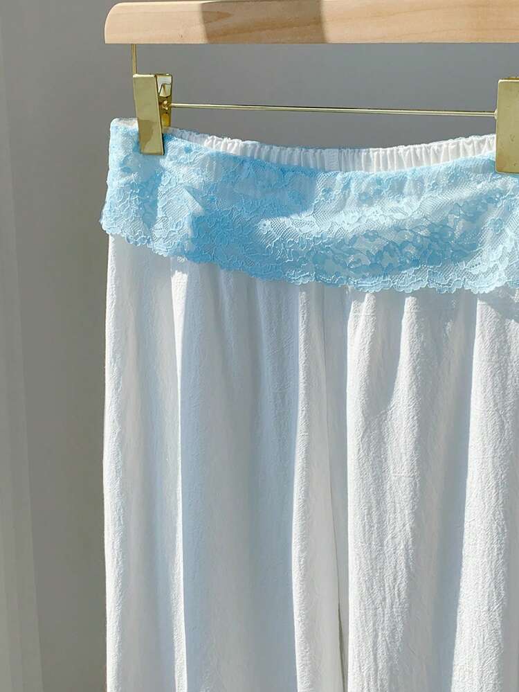 Comfortcana Pantalon en coton décontracté pour femmes, contraste de couleur bleu et blanc, dentelle de contraste. Tenue de vacances pour femmes, style américain décontracté, Saint-Valentin, Carnaval, loisirs à la maison, plage, vacances d'été pour femmes, printemps, vacances de printemps, graduation, mariage, cérémonie, vacances élégantes, vacances décontractées, plage d'été pour femmes - Blanc - Voir 3