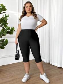SHEIN CURVE+ 2 Stücke Leggings in Große Größen für Damen, schwarz, dehnbar, figurbetont, 7/8 Länge, hautfreundlich (mit Handytasche) - Schwarz - Übersicht 11