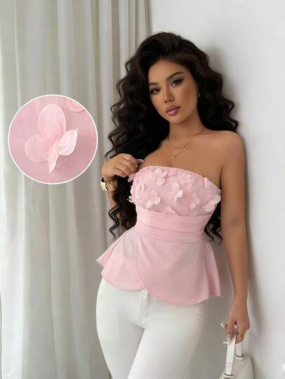 Elenzga Women's Fashion Strapless Top With 3D Floral Decor, Irregular Curved Hem, Romantic Elegant For Casual, Commute, Date, Party, Spring/Summer, Pink