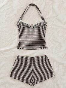 Conjunto Casual de 2 Piezas para Mujer : Top Halter con Volantes a Rayas y Pantalones Cortos - Marrón 2 - Ver 2
