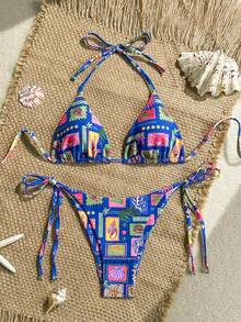 Soleia Bộ bikini 2 mảnh màu xanh công xanh lam dệt kim ánh kim, cổ chữ V, trang trí dây xích vỏ sò, buộc dây, thích hợp cho kỳ nghỉ. - Màu xanh lam - Xem 2