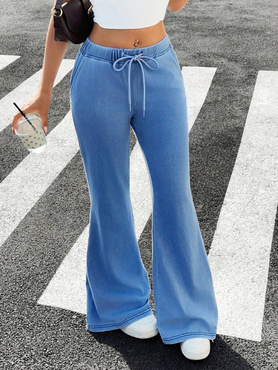 Rivivi 女士抽绳腰带休闲百搭喇叭牛仔裤 - 藍色 - 查看 1