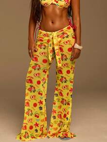 Athîral 女士休闲黄色水果印花泳衣、沙滩罩衫和裤子 - 黃色 - 查看 1