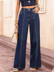 Selianne Jeans holgados y versátiles con vuelo y bolsillos para mujer - Azul lavado oscuro - Ver 3