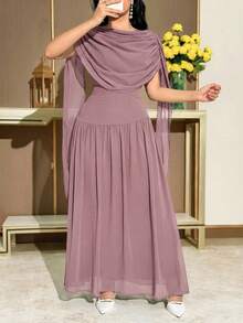 Modelyn 女士优雅派对纯色褶皱长裙 - 藕粉色 - 查看 4