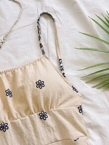 SHEIN WYWH Women's Vacation Blue & White Floral Print Backless Camisole A-Line Mini Dress, Suitable For Layering In Autumn/Winter, Party Wear Cute Summer Dress For Women Resort Wear Women Vacation Dress Picnic Dress For Women Sun Dresses For Women Boho Zanea Dress For Woman Winter Outfit For Women  Festival Outfits For Women Party - Blue and White - View 4