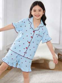 Genkimix Kids Summer Clothes  Tween Girls Pajamas Set, Comfortable & Fashionable Cherry Print Ruffle Trim Elegant Short Sleeve Shorts 2 Pieces Sleepwear - Baby Blue - View 4