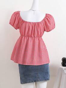 SHEIN 少女格子荷叶边休闲百搭日常穿搭花瓣袖衬衫 - 紅色 - 查看 2