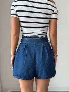 Elenzga Women's Frill Waist Design Pleated Loose Denim Shorts - Blue - View 2
