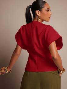 Vixey Solid Textured Woven Asymmetrical Hem Single Button Waistcoat Top - Red - View 5